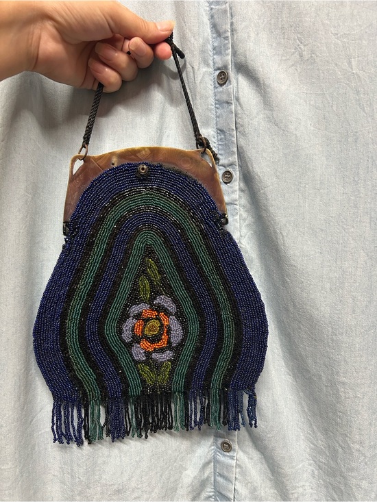 Vintage Handbags - Vintage Beaded Floral Fringe Handbag in Navy, Green, Orange